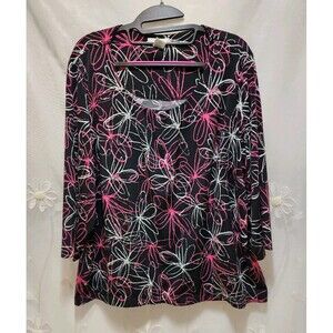 Laura Ashley Women 2X Black Pink Blouse Crop Length Floral Fantasy Abstract Neon